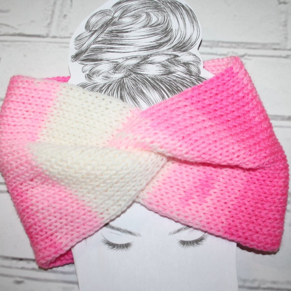 💖 Hot Pink & White Twisted Knit Headband – Handmade · One Size * - Picture 1 of 4